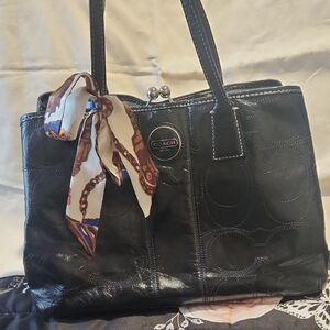 Coach Black Stitch Signature Leather with Kisslock Tote Purse & Dust Bag